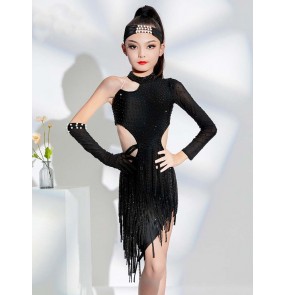 Black rhinestones fringe competition latin dance dresses for girls kids children salsa rumba chacha ballroom stage performance costumes for Girls